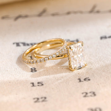 Radiant Cut Paved Hidden Halo Moissanite Engagement Bridal Ring Set, 9K/14K/18K Solid Gold Moissanite Bridal Ring Set Wedding Ring Set