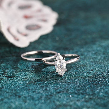 Solid Gold Marquise Cut Moissanite Engagement Ring and Wedding Band Set, Bridal Ring Set, Art Deco Ring, Anniversary Gift for Woman, Wife