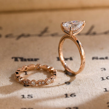 Solitaire Pear Moissanite Engagement Ring Set, Real Solid Gold Hidden Halo Pave Pear Wedding Ring Set Bridal Ring Set, Anniversary Ring Set