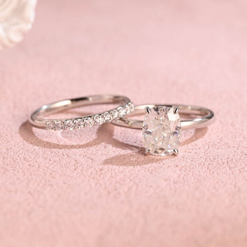 Crushed Ice Elongated Cushion Moissanite Engagement Ring Set, Gold Bridal Set, Wedding Ring Set, Hafl Eternity Wedding Band, Gift for Women