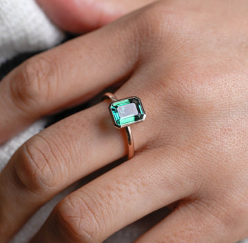9mm Green Emerald Cut Bezel Engagement Ring