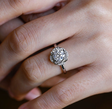 1.00ct Rose Floral Round Halo Diamond Engagement Ring