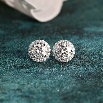 Solid Gold Round Cut Moissanite Earrings Studs with Halo, Wedding Earrings, Valentine's Day/ Birthday/ Anniversary Gift for Woman, Wife, Her