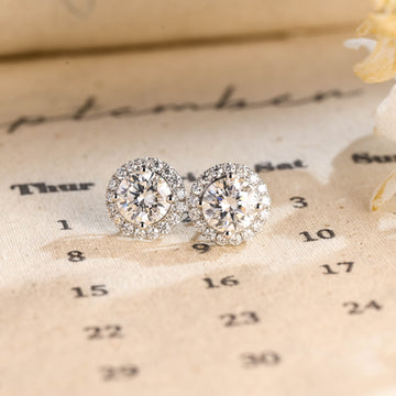 Halo Round Moissanite Engagement Earrings Studs, Minimalist Real Solid Gold Moissanite Earrings for Women, Anniversary Earring Gifts for Her