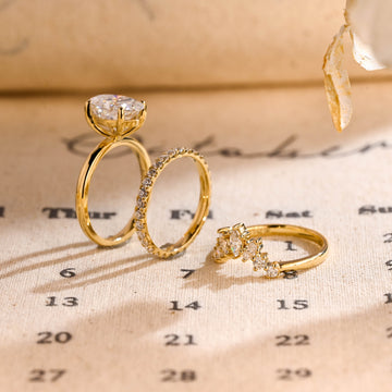 Three Rings Oval Moissanite Engagement Ring Set, Real Solid Gold Full-Eternity Round Moissanite Bridal Ring Set Wedding Ring Set for Women