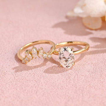 Solitaire Oval Moissanite Engagement Ring Set, Gold Oval Bridal Set, Oval Wedding Ring Set, Marquise Moissanite Wedding Band, Gift for Women