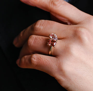 2.00ct Pear Pink & 2.00ct Emerald Orange Sapphire Toi Et Moi Engagement Ring
