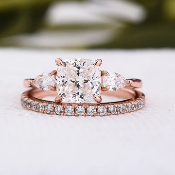 Cushion Moissanite Engagement Ring Set, Round Half Eternity Wedding Band, Bridal Ring Set for Her, Unique 14K Gold Ring, Anniversary Gift