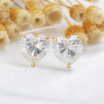 Heart Shaped Moissanite Earrings Studs/14KYellow Gold Moissanite Studs/Unique Moissanite Anniversary Gift for Her/1.0ct+1.0ct Heart Earrings