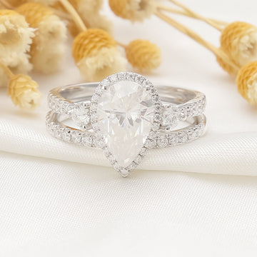Gold Unique Wedding Ring Set, Pear Cut Moissanite Engagement Ring Set, Moissanite Bridal Set, Promise Ring for Women, 9K/14K/18K Gold Ring