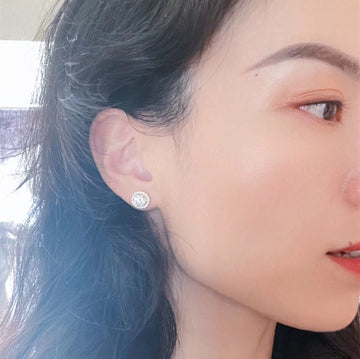 Halo Round Moissanite Earring Stud Push Back, Solid Gold Round Earrings, Round Wedding Earrings for Wife, Anniversary Gift for Women