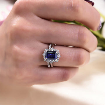 3CT Sapphire Emerald Cut Engagement Ring Set/14K/18K White Gold Moissanite Halo Promise Wedding Ring Handmade Halo Ring/Anniversary Gift