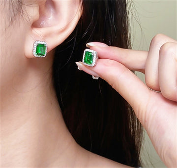 Emerald Halo Earrings Studs/1.5ct+1.5ct Classic 14K/18K White Gold Moissanite Engagement Handmade Minimalist Moissanite Vintage Earring
