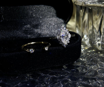 9K/14K/18K Solid Gold Marquise Cut Moissanite Baguette Halo Ring Set, Round Moissanite Open Ring Wedding Band, Unique Ring Set
