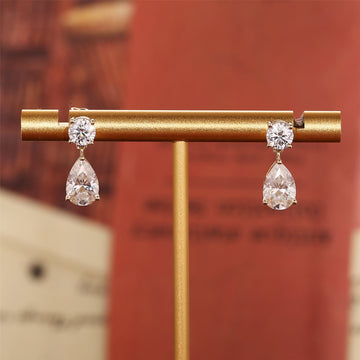 9K/14K/18K Solid Gold Pear and Round Cut Moissanite Earring, Pear Cut Moissanite Drop Earrings Gift For Her, Anniversary Gift for Women