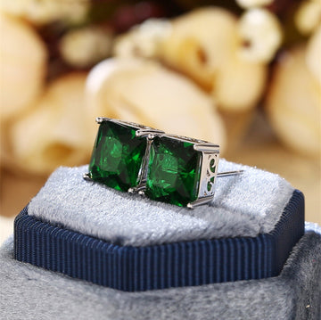 Square/Princess Cut Emerald Stud Earrings, 9K, 14K, 18K Solid Gold, Emerald Earrings, Green Emerald Birthstone Earrings