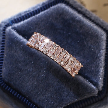 Solid Gold Staggered Baguette and Round Cut Moissanite Paved Wedding Band