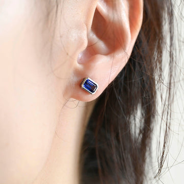 Ocean Blue Sapphire Bezel Emerald Cut Earring Studs/Sapphire Earring/Push Back Studs/Minimalist Earring Gold/ Anniversary Gift for woman
