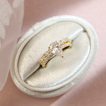 Pear Cut Moissanite Pave Hidden Halo Engagement Ring Set, Unique Wedding Ring Set, Moissanite Bridal Set, Promise Ring, Labor Day Gift