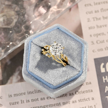 Round Cut Moissanite Engagement Bridal Set, 9K/14K/18K Solid Gold Twig Band Moissanite Promise Ring Set for Women, Anniversary Gift
