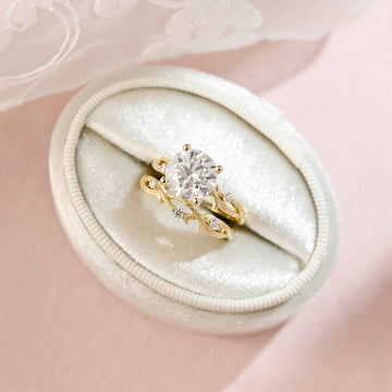 Round Cut Moissanite Engagement Ring Set, Unique Twig Engagement Bridal Set, Promise Ring Set, Anniversary Gift For Woman, Gold Ring Gift