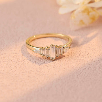 Solid Gold Baguette Cut Moissanite Baguette Trapezoid Wedding Ring