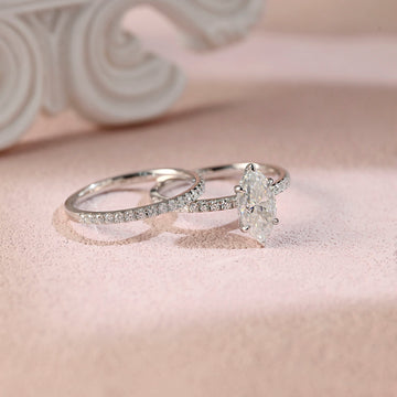 Marquise Moissanite Engagement Ring Set,Pave Hidden Halo Bridal Set, Wedding Ring Set, Round Bridal Set, 14K Gold Half Eternity Wedding Band