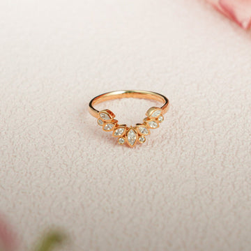 Solid Gold Marquise Round Cut Moissanite Curved Wedding Band