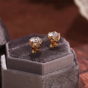 Round Cut Moissanite Earrings Stud, Real Solid Gold Moissanite Stud Flower Setting, 6 Prongs Round Earrings Studs, Birthday Gift for Woman