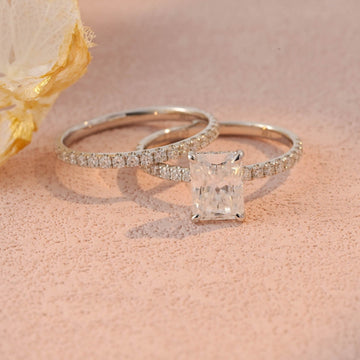 2CT Radiant Moissanite Engagement Ring Set/Vintage Moissanite Ring/9K/14K/18K Solid Gold Moissanite Bridal Set/Unique Radiant Pave Ring Set