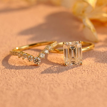 1ct 2ct 3ct Emerald Cut Moissanite Engagement Ring Set for Women, Moissanite Bridal Set, Round Curved Vintage Moissanite Band,Gold Ring Gift