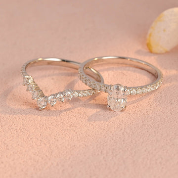 1ct Oval Moissanite Bridal Set, Classic Oval Pave Moissanite Engagement Ring Set,Round Curved Vintage Moissanite Ring,9K White Gold Ring Set