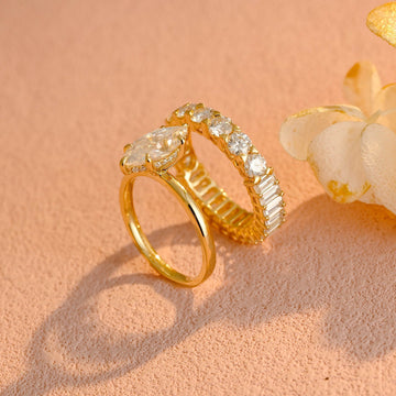 Marquise Moissanite Ring Set, Hidden Halo Moissanite Bridal Set, Two Sided Emerald Round Moissanite Wedding Band, Gold Ring Set,Gift for Her
