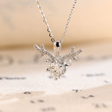 Round Cut Moissanite Reindeer Holiday Necklace for Christmas, Real Solid Gold Winter Wonderland Dear Pendant Necklace, Deer Horn Jewelry