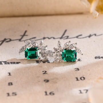 Emerald Earrings Studs/2ct+2ct Classic 14K/18K White Gold Moissanite Engagement Handmade Minimalist Moissanite Vintage Earring