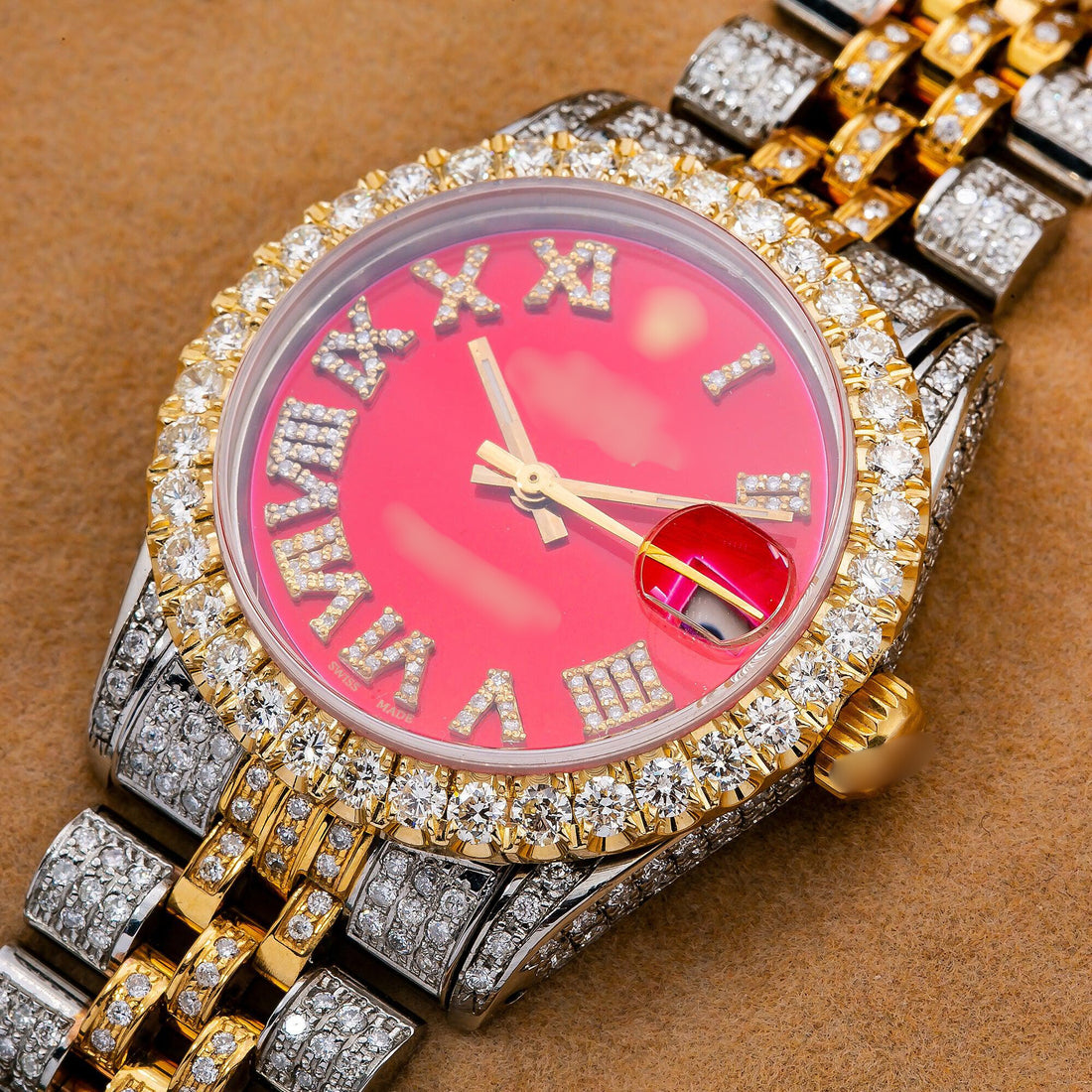 Shine King Moissanite Watch 31MM Red Diamond Dial With 7.25 CT Diamonds