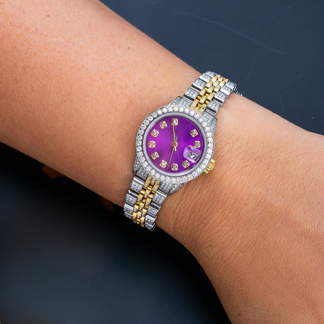 Trendy Moissanite Watch 26MM Purple Diamond Dial With Two Tone Bracelet