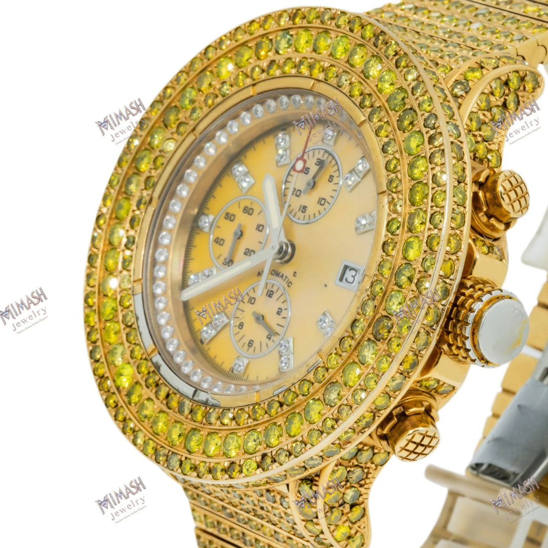 Real Sparkle Moissanite Watch 48MM Yellow Gold Champagne Diamond Dial