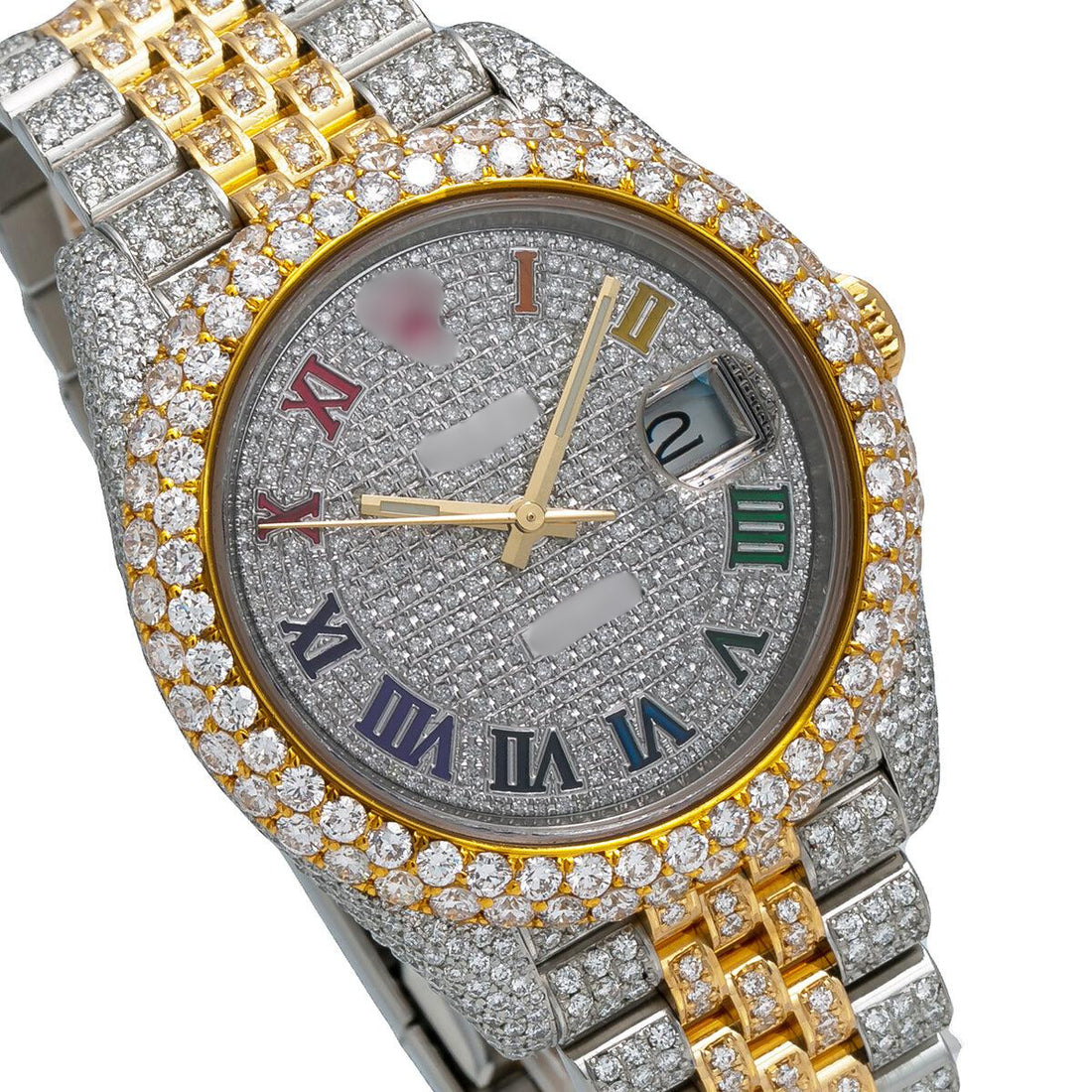 High-End Moissanite Watch 41mm Rainbow Diamond Dial With Two Tone Bracelet