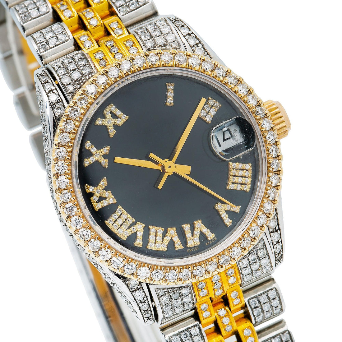 Unisex Moissanite Iced Out Watch  31MM Black Diamond Dial With Two Tone Bracelet