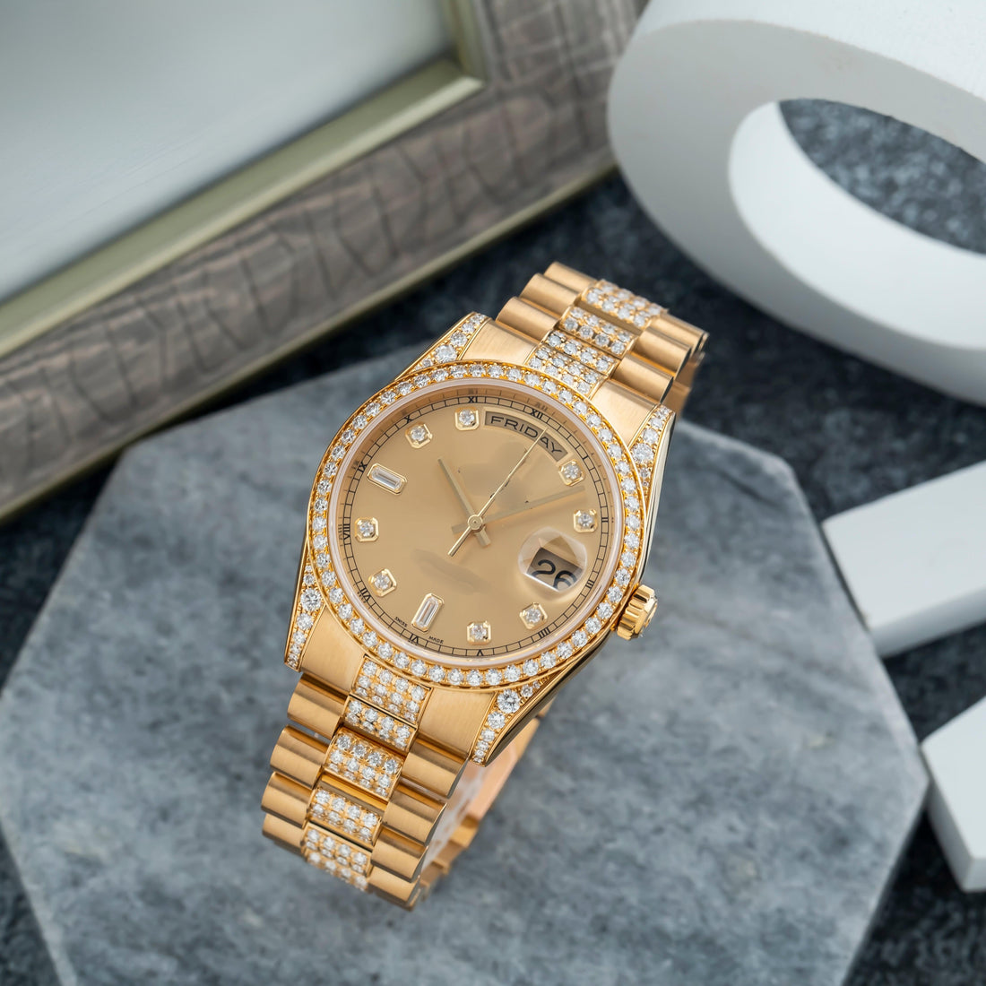 Moissanite Classic Round Watch 36MM Champagne Diamond Dial With Diamond Presidential Bracelet