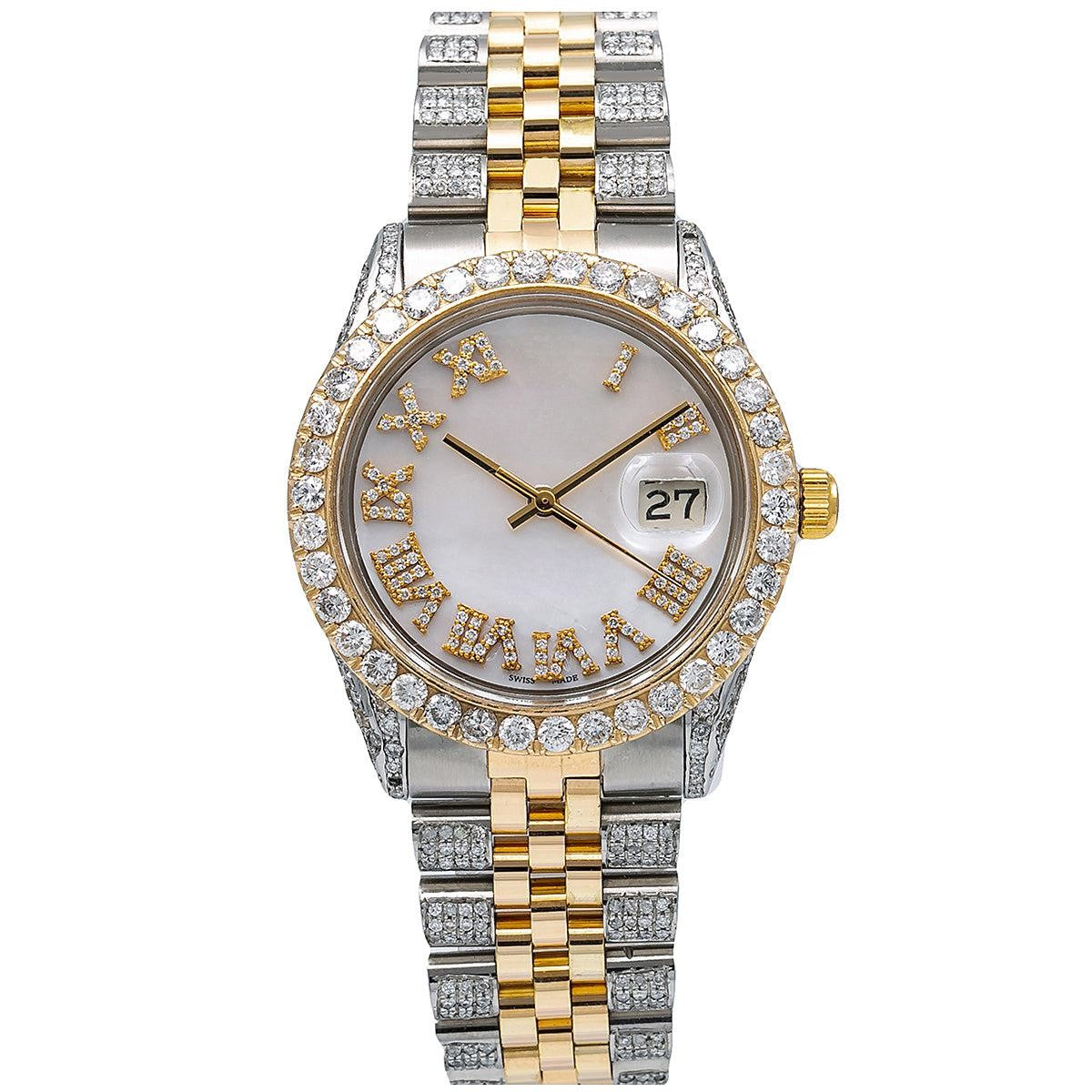 High Gloss Moissanite Watch 36mm Mother of Pearl Diamond Dial With 8.75 CT Diamond