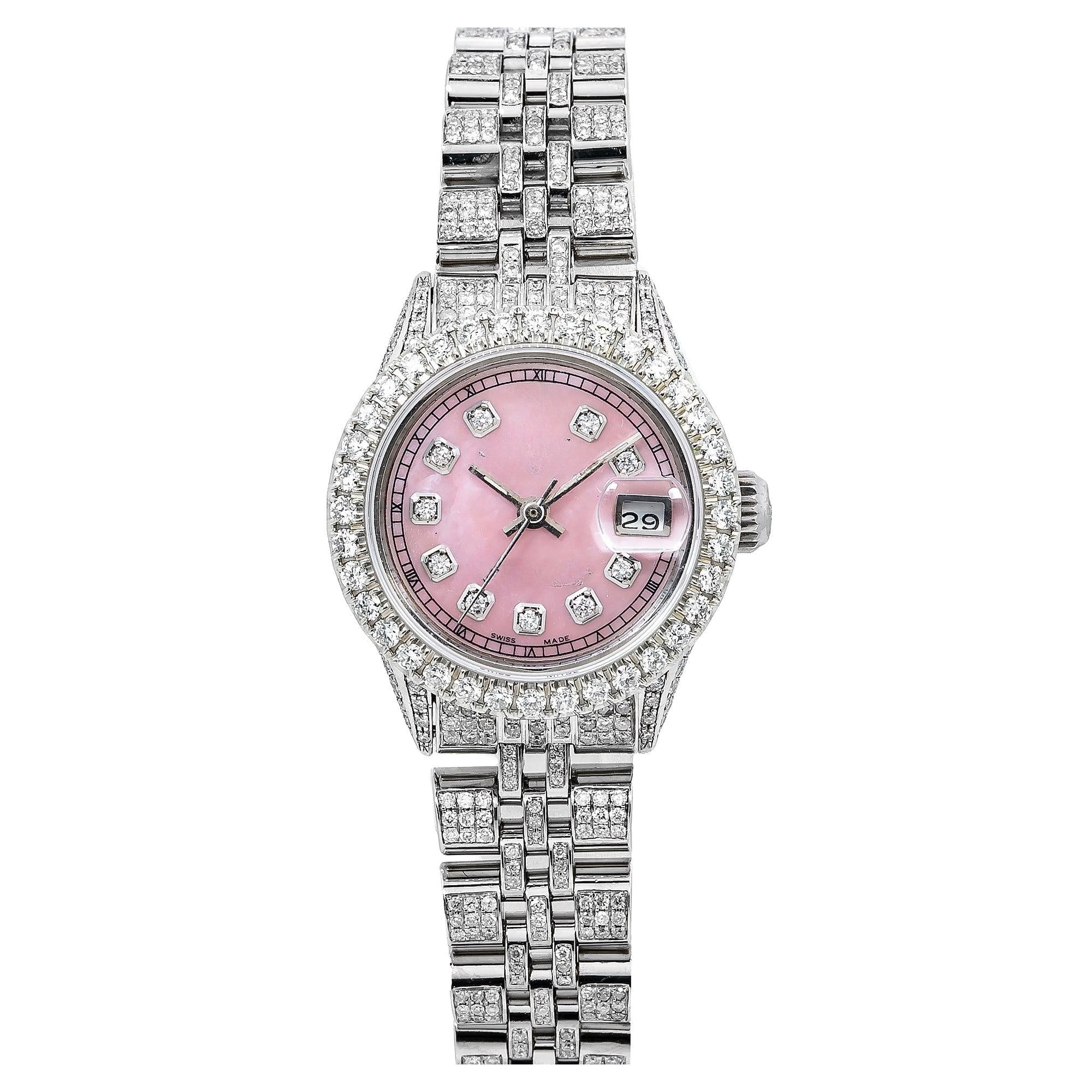 Custom Engraved Moissanite Watch 26MM Pink Diamond Dial With 6.75 CT Diamonds