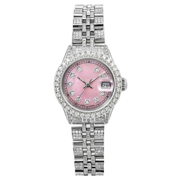 Custom Engraved Moissanite Watch 26MM Pink Diamond Dial With 6.75 CT Diamonds
