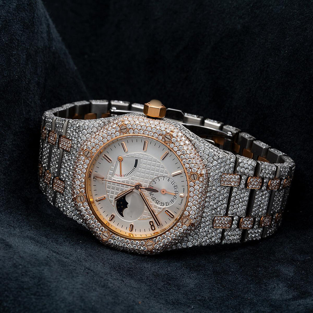 Day & Night Moissanite Watch 39MM  White Moon Phase Dial With 22.75 CT Diamonds