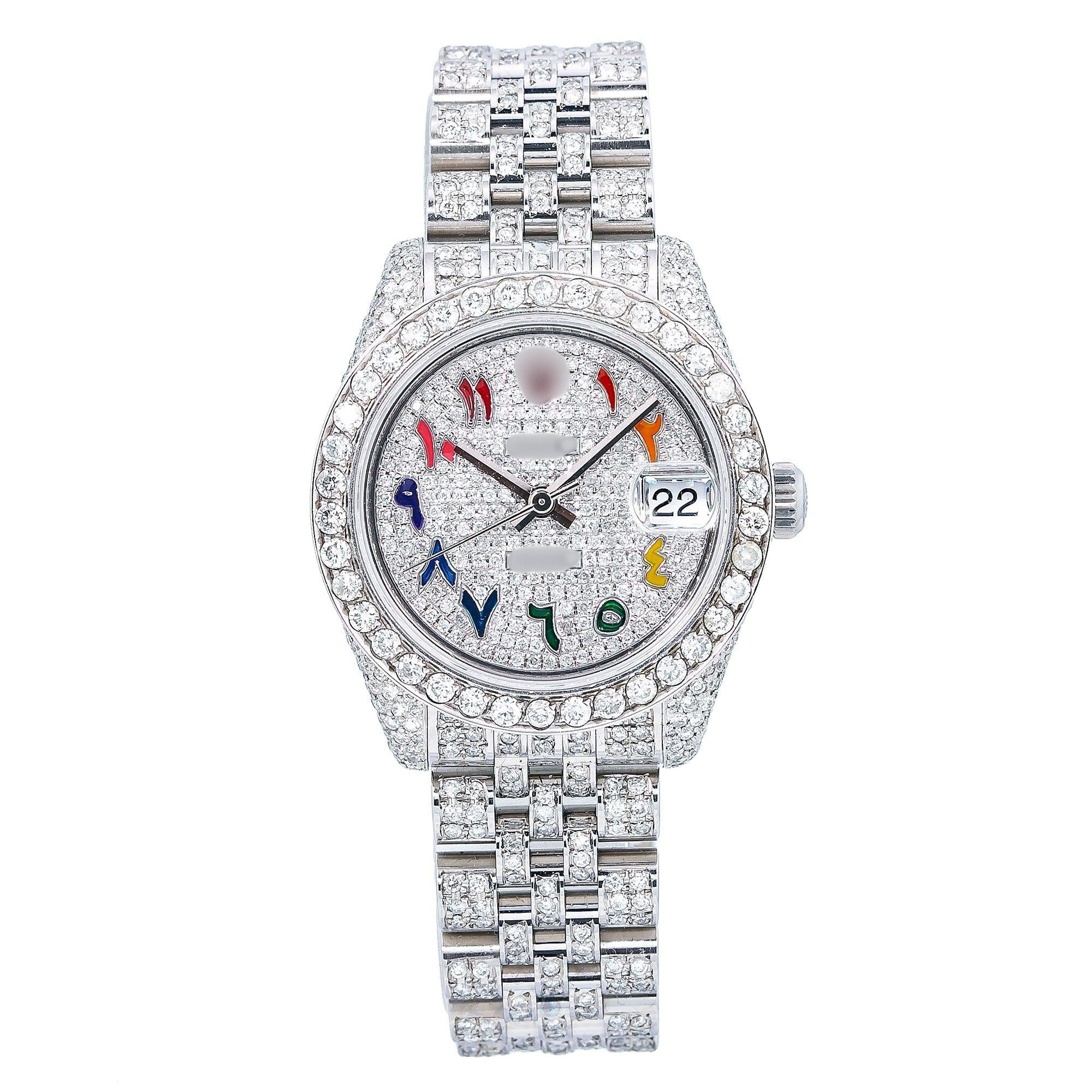 High Gloss Moissanite Watch 31MM Rainbow Diamond Dial With Stainless Bracelet