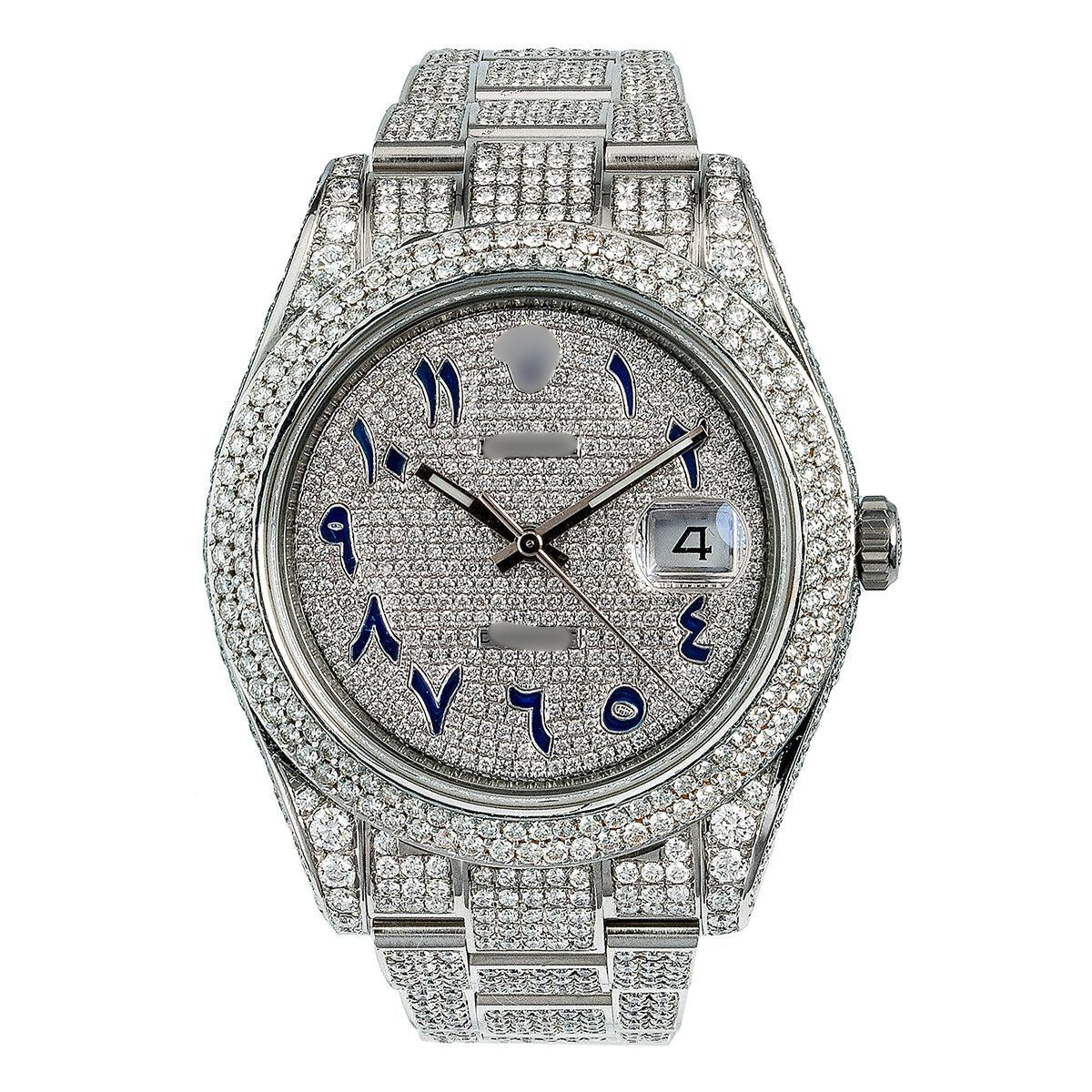 Moissanite Shine Watch 41mm Diamond Dial With Blue Arabic Numerals 13CT Diamonds