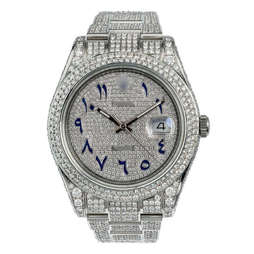 Moissanite Shine Watch 41mm Diamond Dial With Blue Arabic Numerals 13CT Diamonds