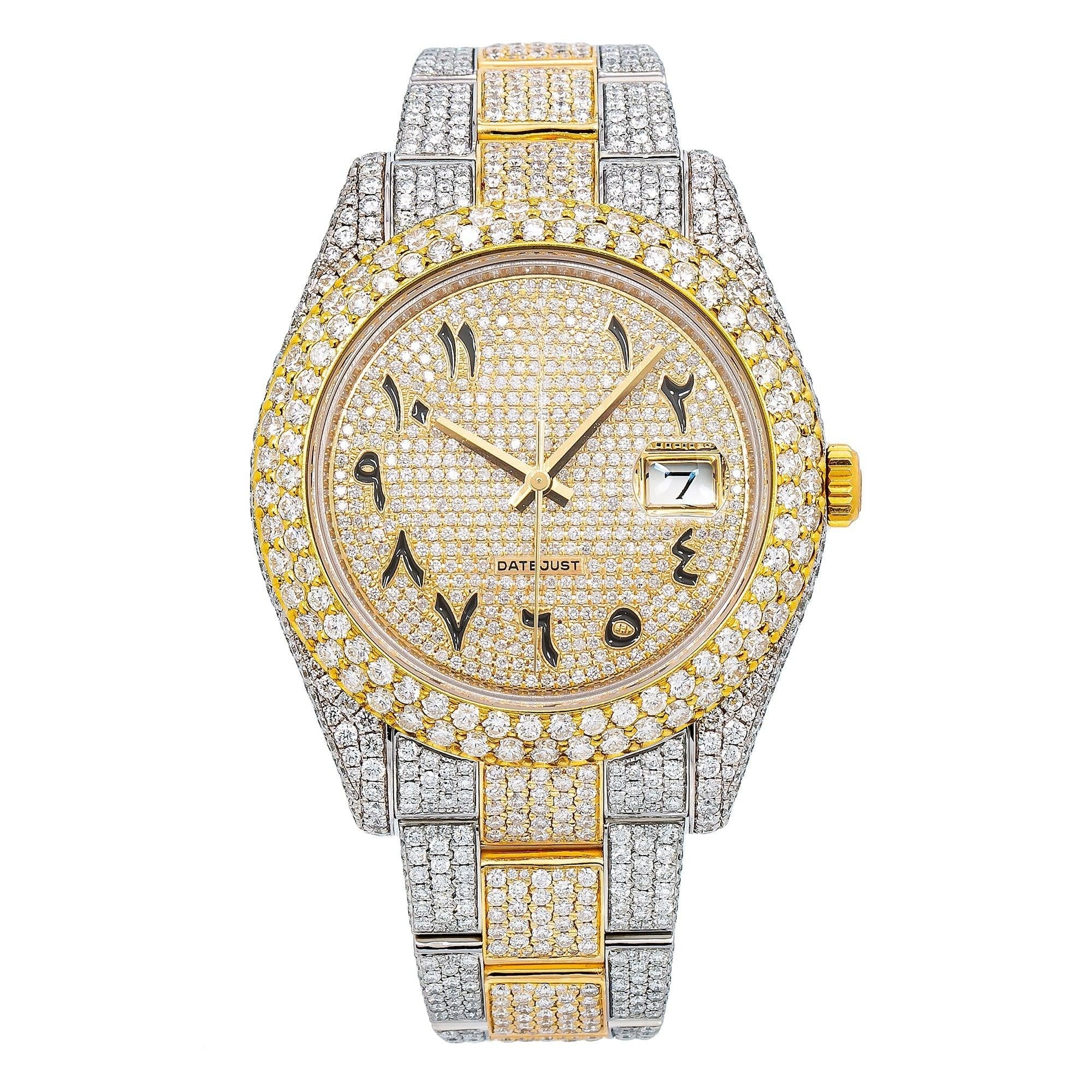 Moissanite Crown Timepiece 41MM Yellow Gold Diamond Dial With Two Tone Bracelet