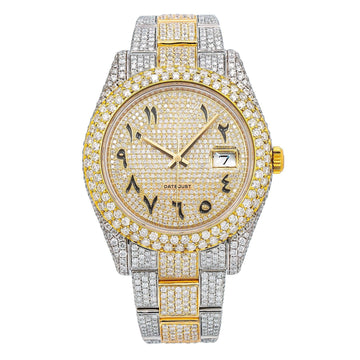 Moissanite Crown Timepiece 41MM Yellow Gold Diamond Dial With Two Tone Bracelet